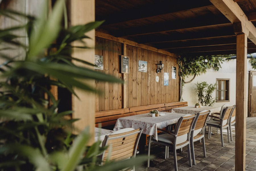 Im Gastgarten wird nach Störchen Ausschau gehalten, © Niederösterreich Werbung/Sophie Menegaldo